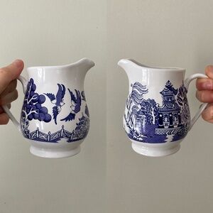 Blue Willow Japanese Ceramic Pitcher, Floral Creamer, White China, England